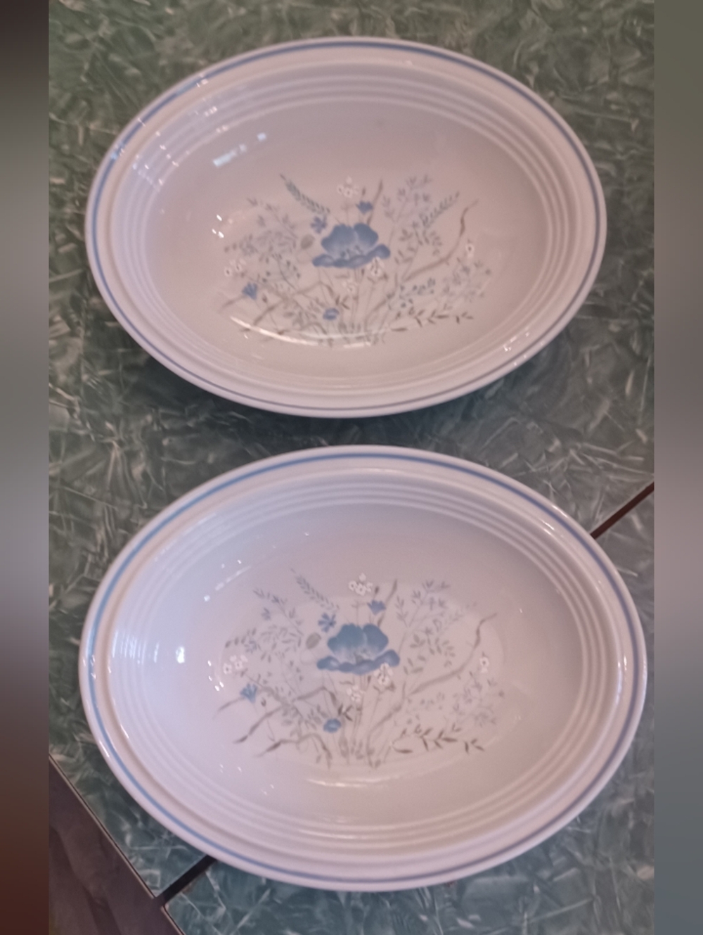 Royal Doulton Morning Dew Ceramic Serving Bowls with Blue Floral Design - Pair